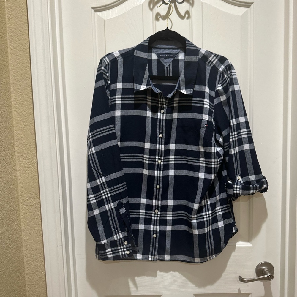 Tommy Hilfiger Dark Blue and White Checkered Shirt